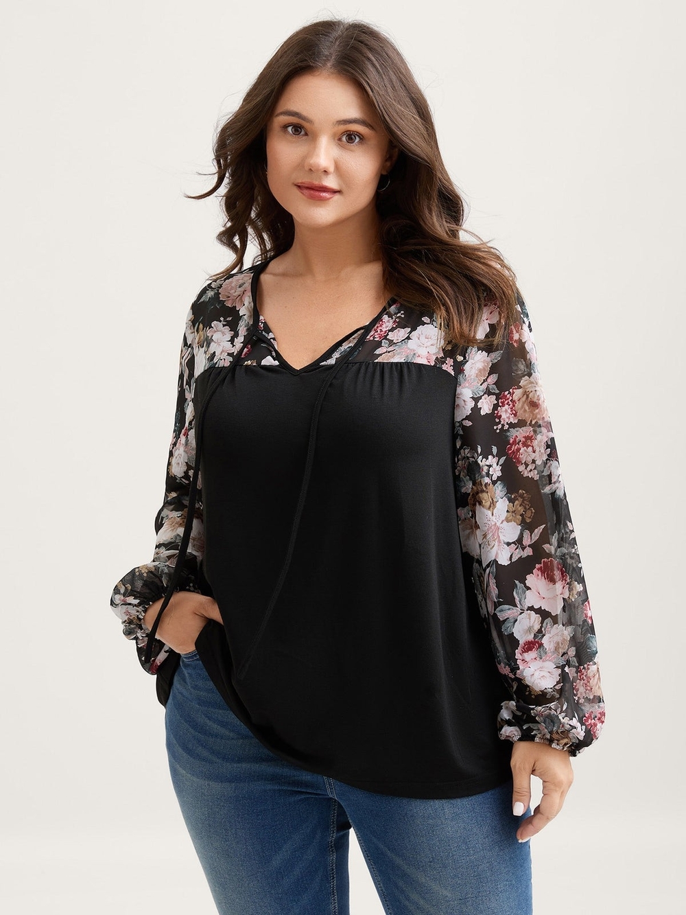 Shein Curve+ Black Floral Contrast Tunic Top – Size 6X (US 24/26)